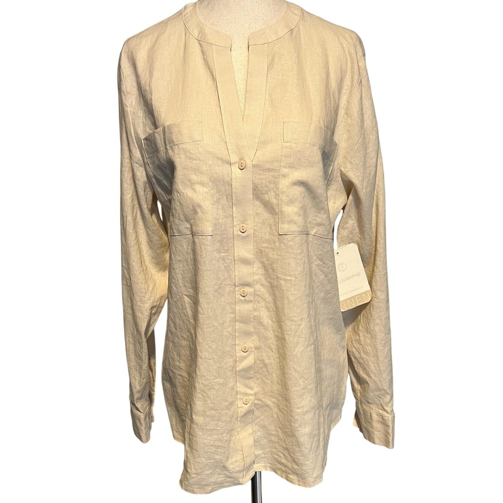 Calligraphie Women's M Linen Button Down Shirt Beige Long Sleeve Roll Tab Pocket